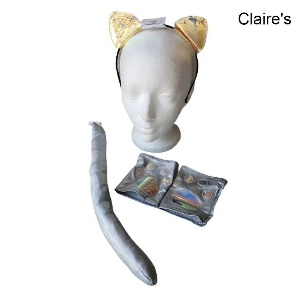 Costume Cat Ears, Tail, Arm Warmers Kit Silver Translucent 3 piece set NWT